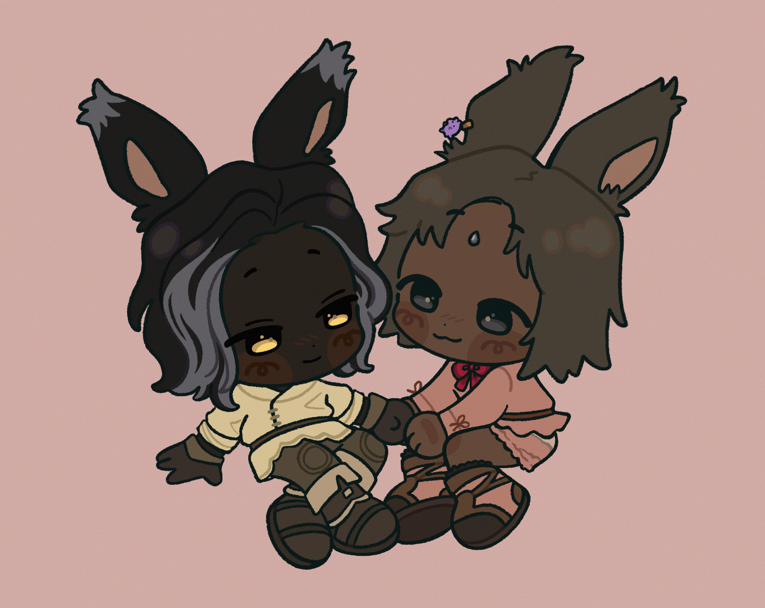 a chibi drawing of meade and erenville. she's holding his hand while they sit down. they're smiling at each other.
